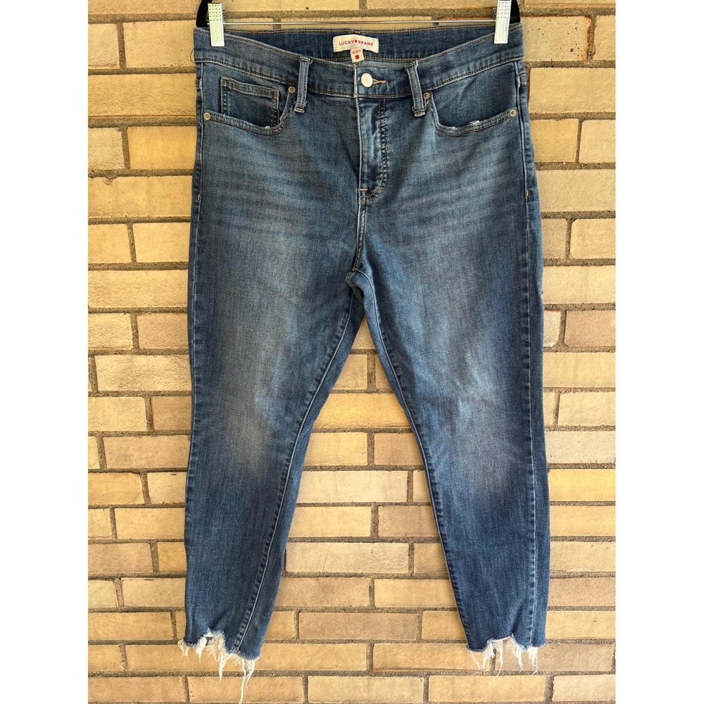 Lucky Brand Ava Mid Rise Skinny Blue Jeans Raw Hem Size 14/32 A Stretch Denim